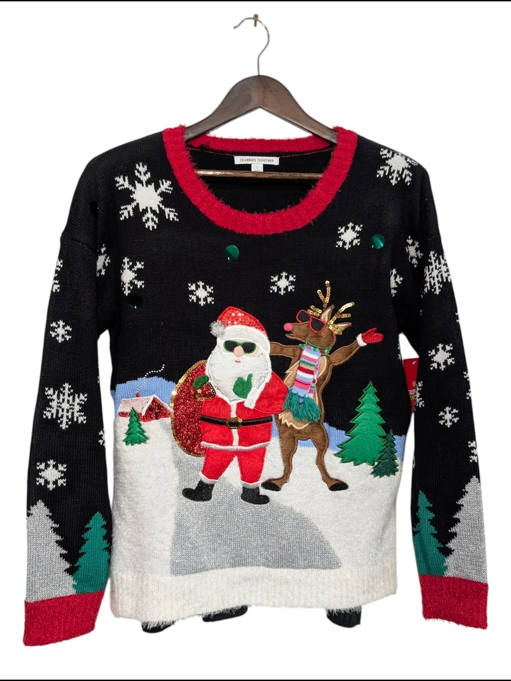 Women's LG Black Christmas Crewneck Sweater Red White Green Santa Reindeer Kohls
